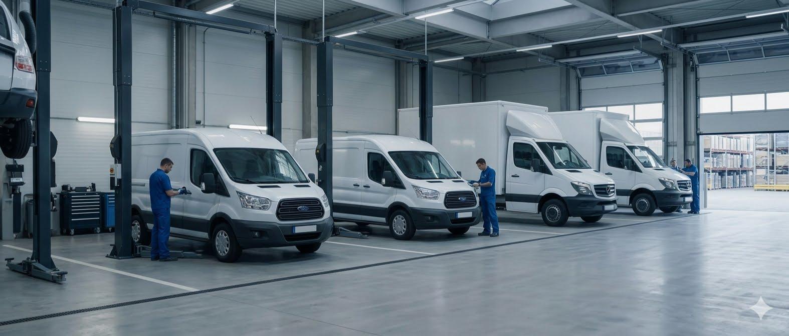 Fleet vans being serviced in a workshop